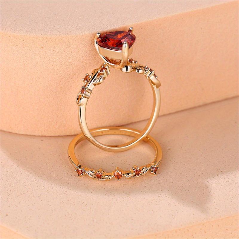 2 Pcs/set Heart Cut Red Stone Ring Set Golden Color Wedding Band Jewelry Set Valentine's Day and Mother's Day Gifts