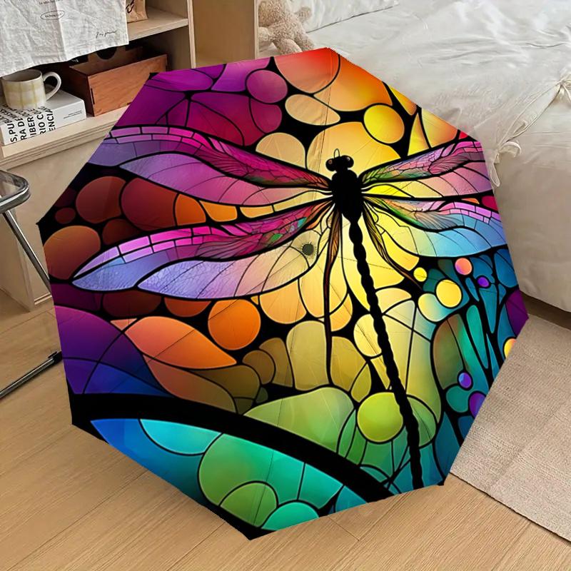 Colorful Stained Dragonfly Design Automatic Opening/Closing Umbrella with Foldable Design,, Travelers, Daily Use, Festive Gift1121011a