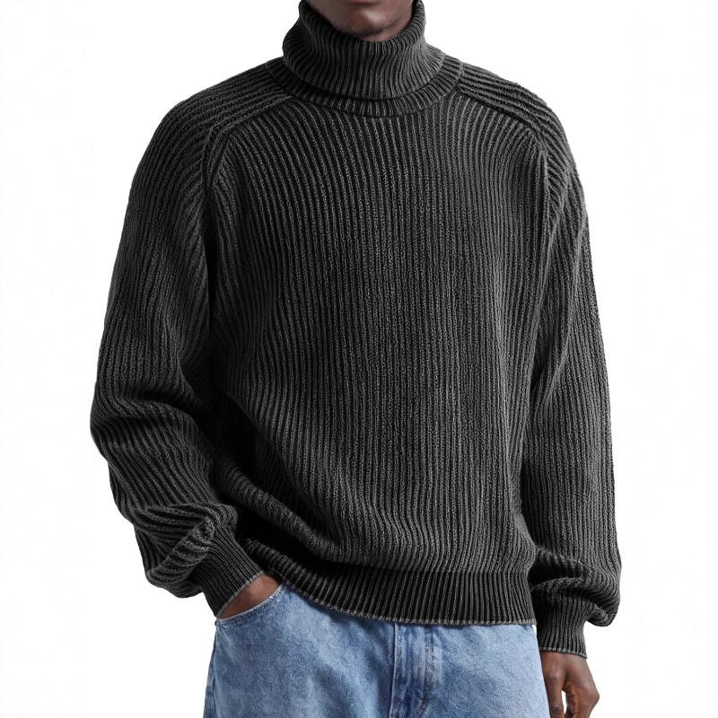 Mens Ribbed Knit Turtleneck Sweater Casual Washed Solid Color Loose Fit Pullover