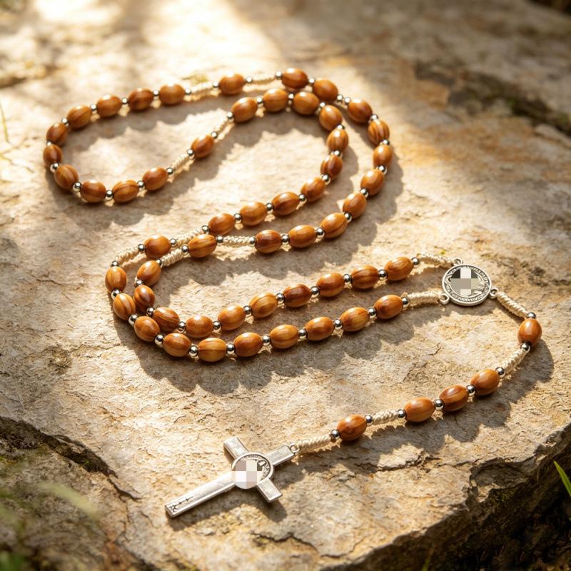 Natural Pine Wood Imitation Prayer Beads Necklace with Spacer Beads - Handwoven Cross-border Ornament, 10x8 Beads, with Spacer Beads.