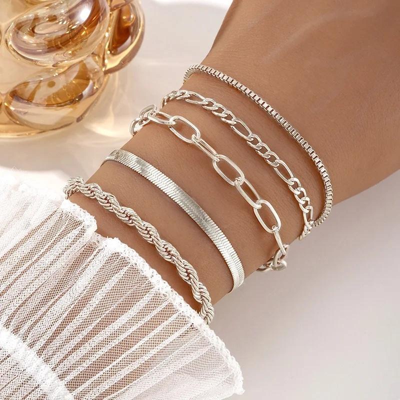 5-piece Bracelet Set, Women's Alloy Round Bead Heart Chain, Minimalist Box Chain Bracelet