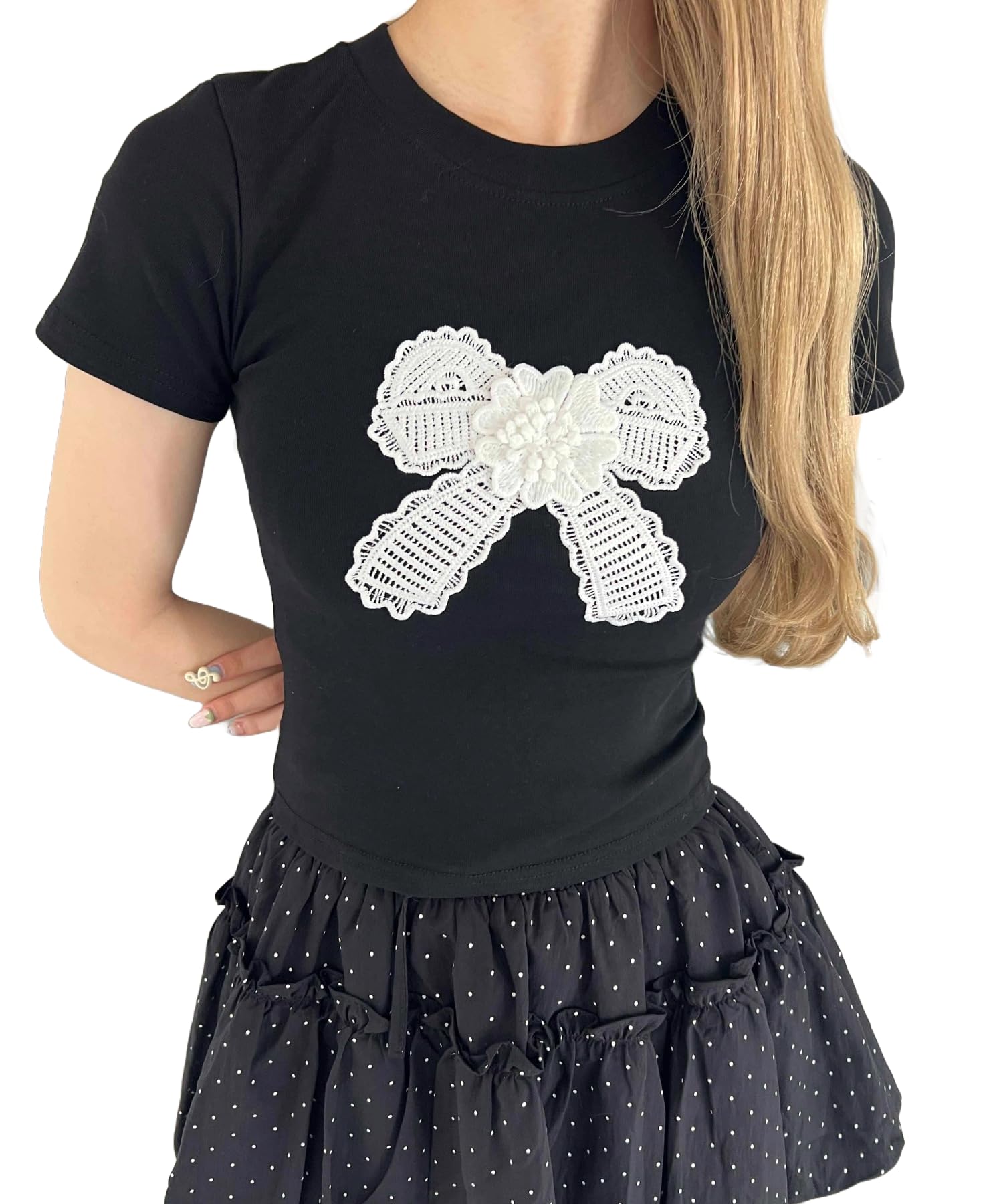 

WEGO PHILLY Short Sleeve with Ribbon Summer Size Black T-Shirt Patch, Women s Top, F, чёрный