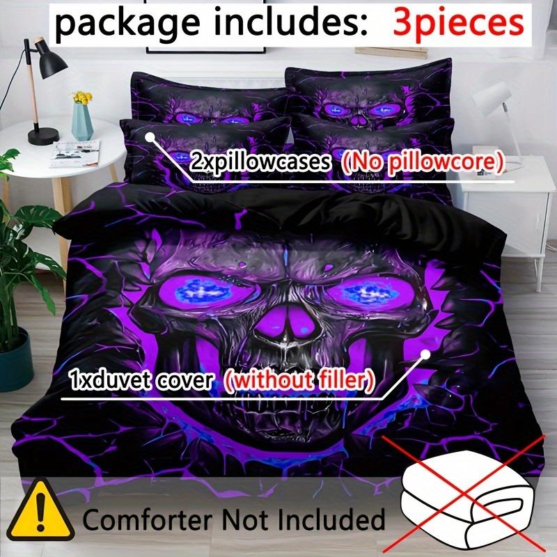 Soft and Comfortable 3pcs Purple Light Skull Pattern Quilt Cover Set - Bedroom, Guest Room and Dormitory Decor Bedding Set