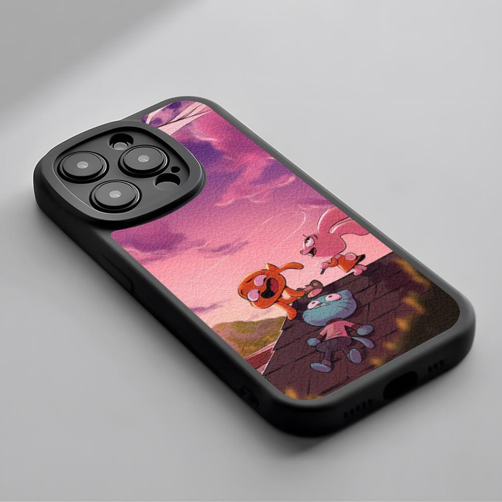 Cartone Animato Gumball Carino Modello Poster Custodia per Telefono Per iPhone 16 15 14 13 12 11 Plus Pro Max Pelle di Agnello Cover in Silicone nero