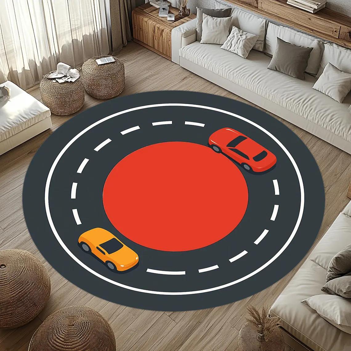 

Kids Cartoon Race Car Track Round Rug Soft Non-Slip Play Mat Fun Vehicle Themed Floor Carpet for Bedroom Playroom 80cm x 80cm