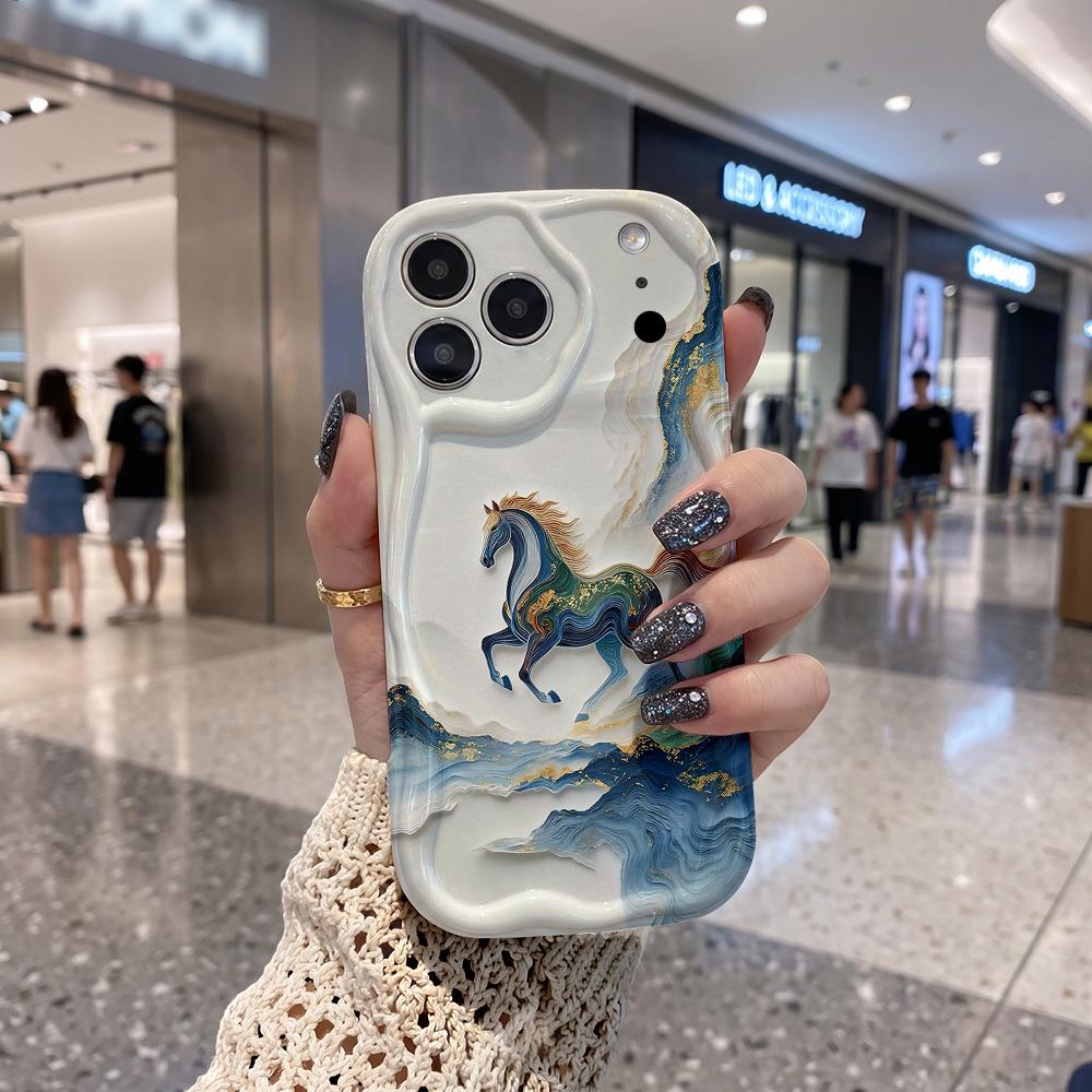 Chinese Style Golden Landscape Running Horse Wavy Edge Phone Case For iPhone 16 15 14 Pro Max 13 12 11 Mini XR XS SE 2020 17