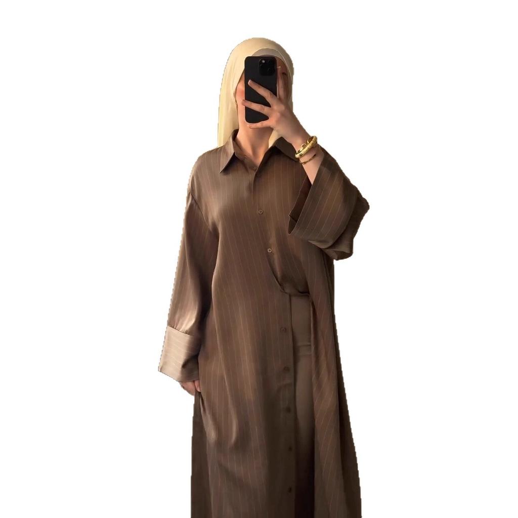 Mittlerer Osten Arabisch Dubai Türkisch Damen Frühling Neue Mode Gestreift Einreihig Hemdkleid