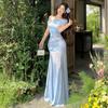 French Beautiful Blue Slanted Shoulder Dress Women's Summer Seaside Vacation Slim-fitting Sexy Hot Girl Hip-wrapped Dress