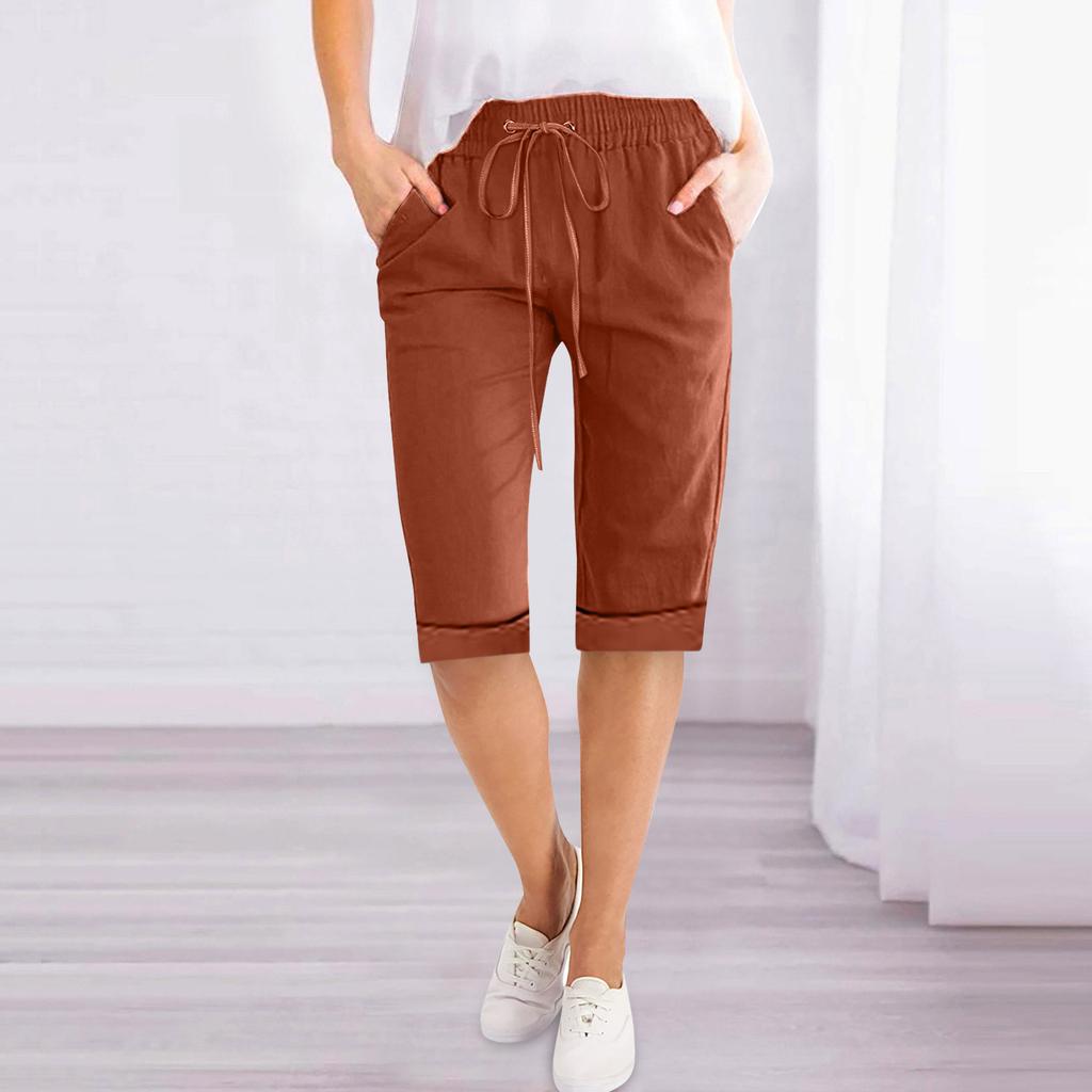 Women's Drawstring Mid Waist Capri Pants Loose Straight Leg Linen Five Point Trousers Elegant Solid Pocket Casual Home Shorts