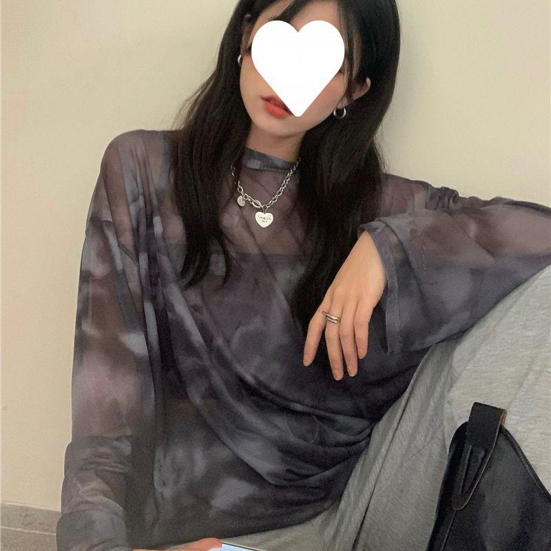Neues lockeres koreanisches Batik-Mikro-transparentes Netz-Langarm-T-Shirt mit Sonnenschutz-Basisschicht im westlichen Stil, dünnes Oberteil für Damen
