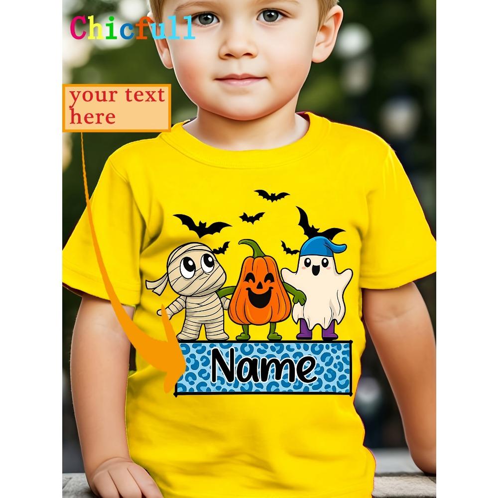Personalized Halloween T-shirt for Boys, Featuring a Scary Mummy and Bat Print Round-neck Casual Style