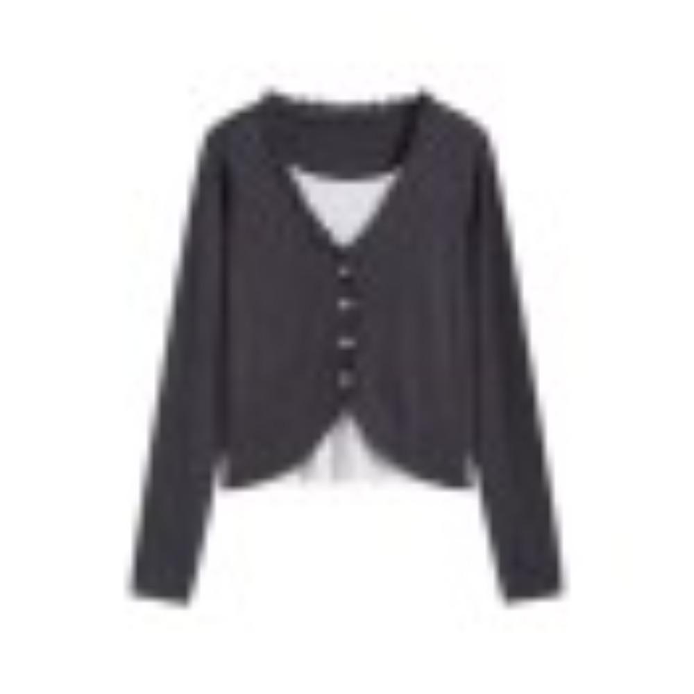 

A New Style of Women s Spring and Autumn Simple Base Layer Sweater with Black Ear Trim, Featuring A Patchwork Fake Two-piece Knitted Sweater one size темно-серого