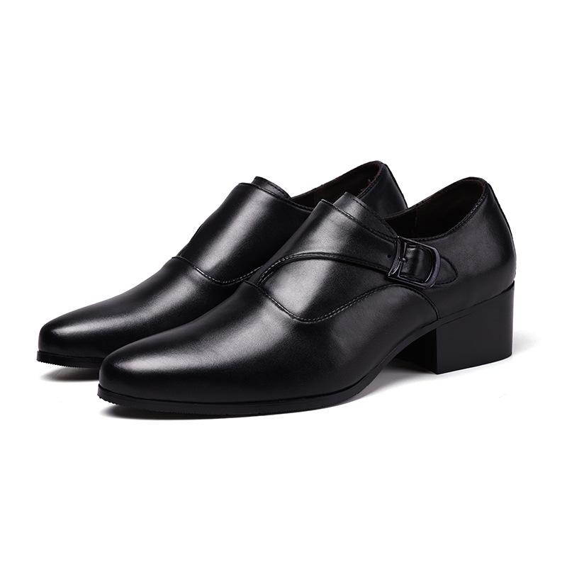 

Genuine Leather Men Height Increasing Dress Shoes 6Cm Fashion Business Brand Male Footwear Pure Black Monks 39