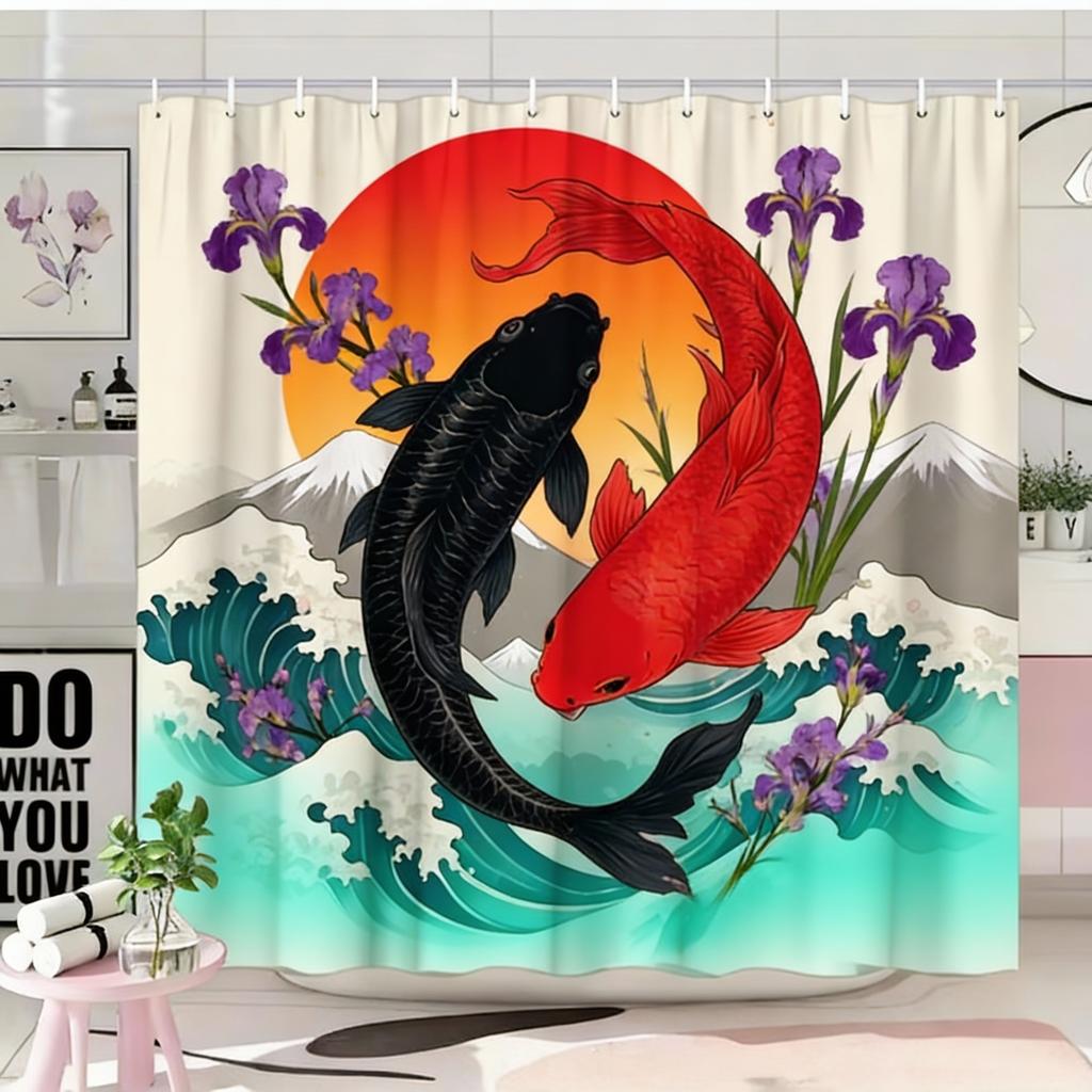 1pc Japanese Ukiyoe Koi Shower Curtain, Cherry Blossom, Red Sun, Snow Mountain Pattern, Easy to Hang, Fashionable Bathroom Decor