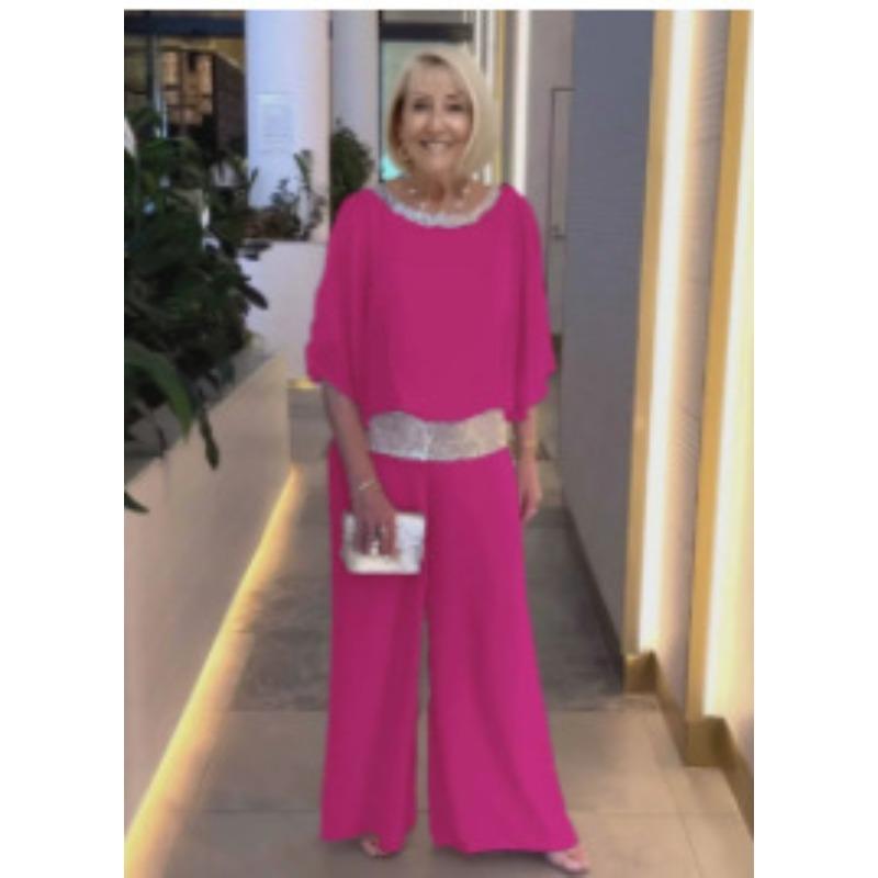 VEZFAA Damen Mode Lässig Sommer Frühling Einfarbige Druck 1/2 Ärmel Rundhals Hosenanzüge