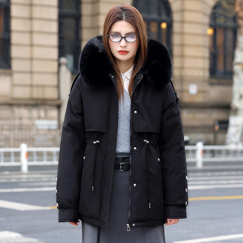 Keep Warm Jacket with Big Fur Hat Autumn and Winter Thick Cotton Coat Long Sleeved Cotton Coat