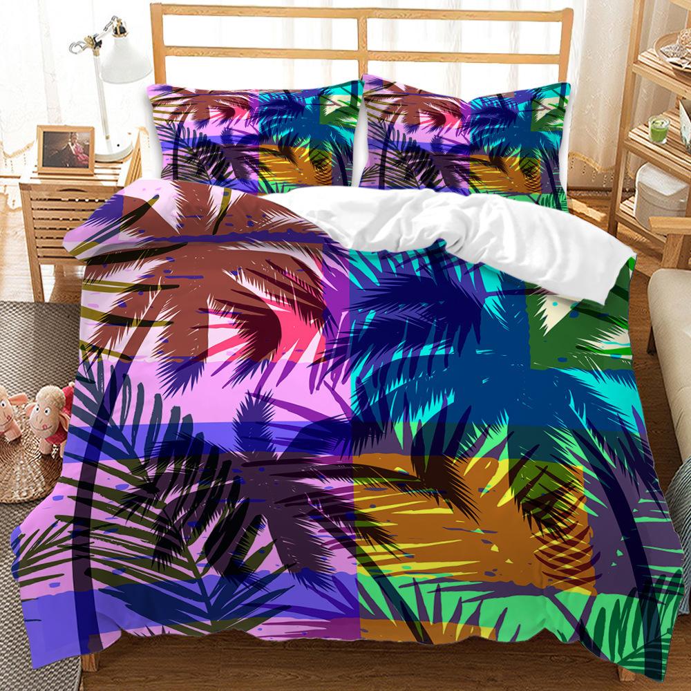3D Digital Simple Cartoon Plant Quilt Cover Coconut Tree Print Three-Piece Digital Kit