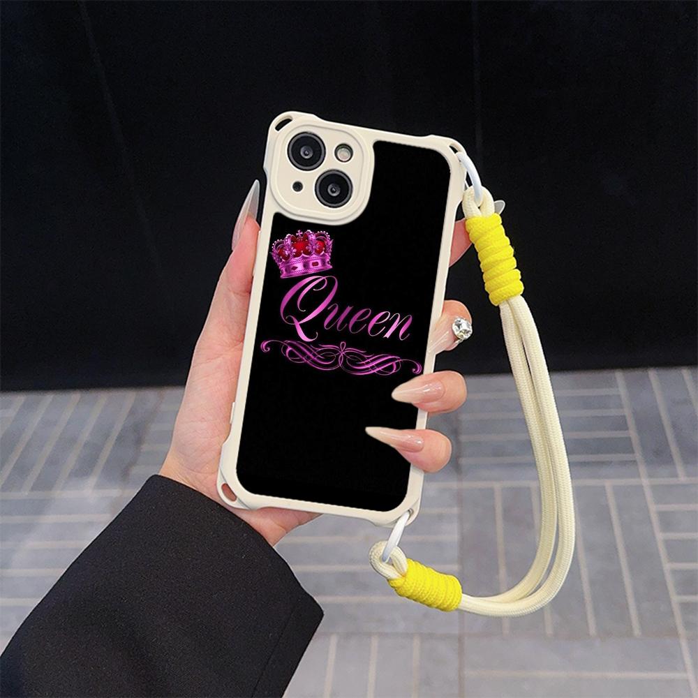 Ae84 King Queen Couple Art Soft Phone Cases for iPhone 16 15 14 13 12 11 Pro Max 8 7 Plus XR XS with Wrist Strap Lanyard Corner Protection Back Cover