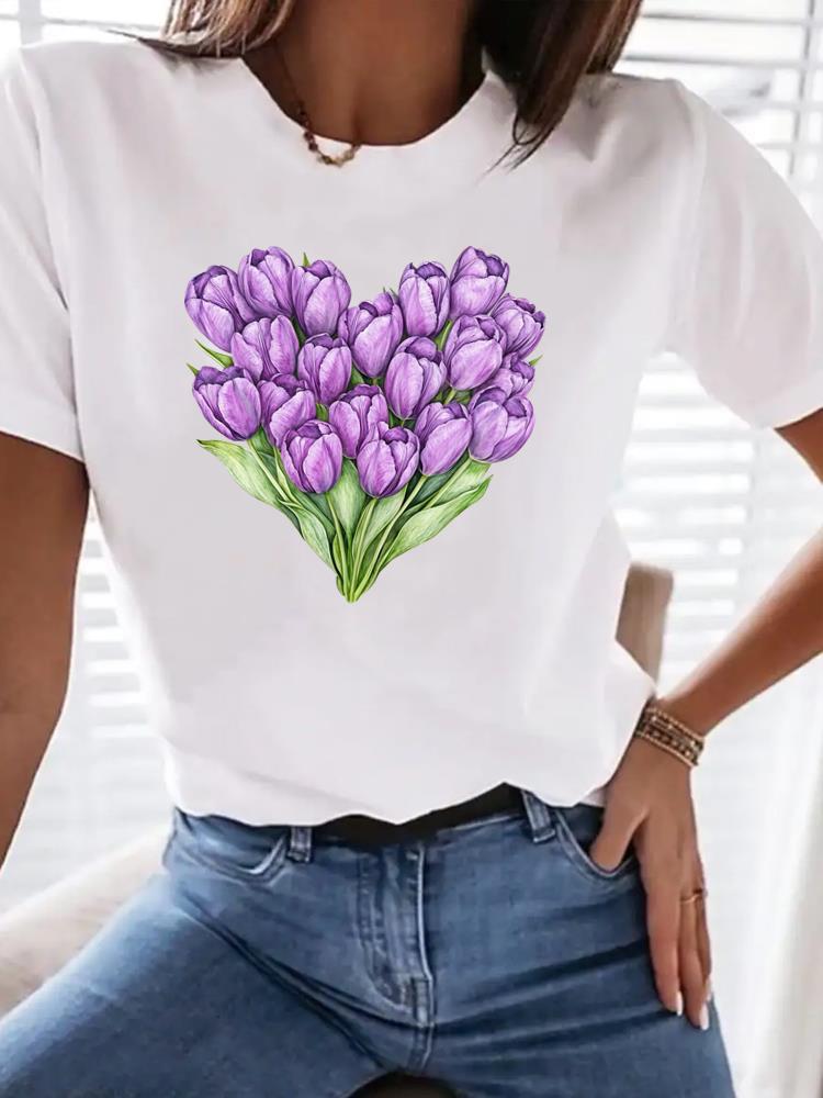 (Asian Size) love heart flower cute Print Female Clothing T Shirt Women Fashion Tee Top Woman Short Sleeve Graphic T-shirts