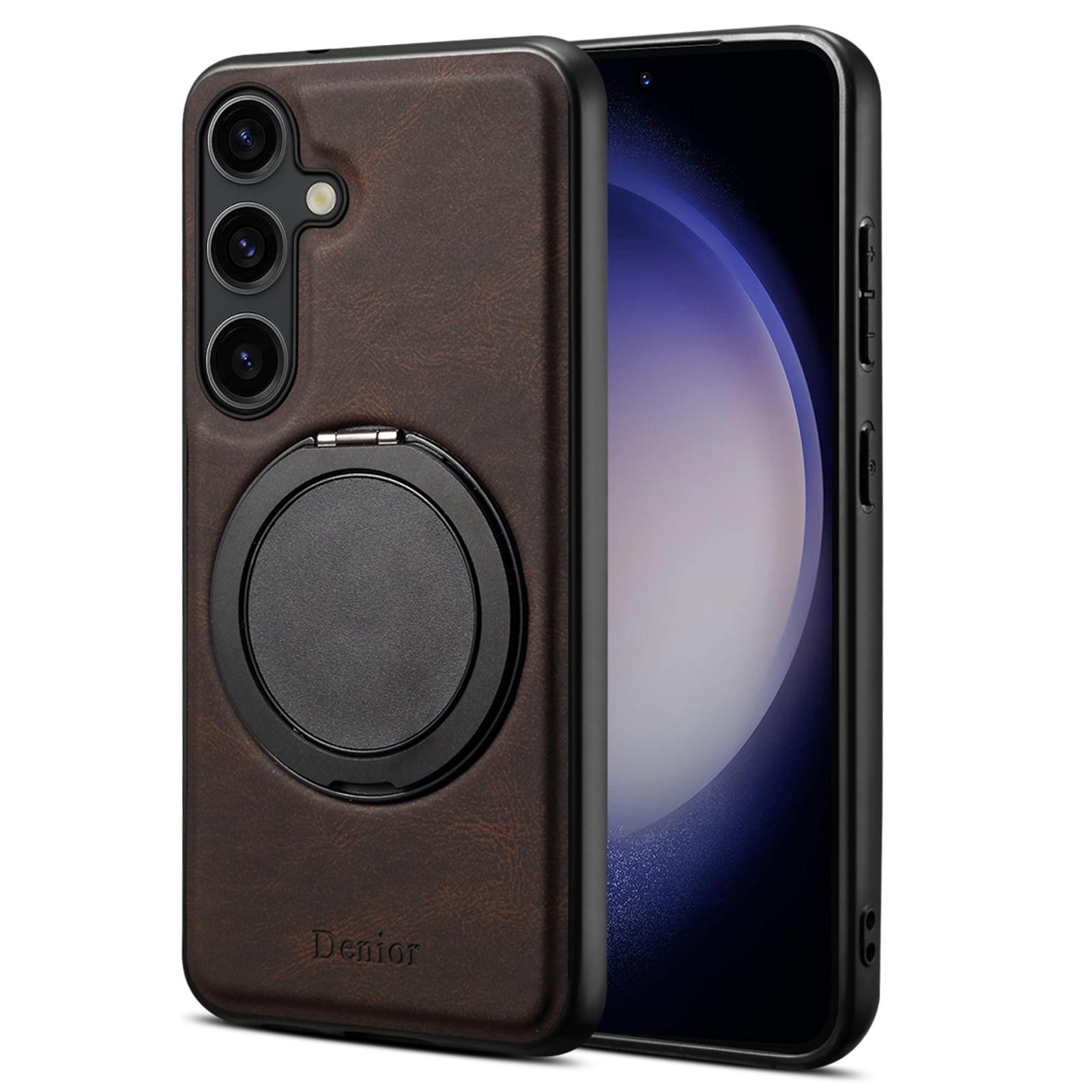 

DENIOR A14 For Samsung Galaxy S25 Magnetic Case Rotary Kickstand Leather PC TPU Phone Cover Brown