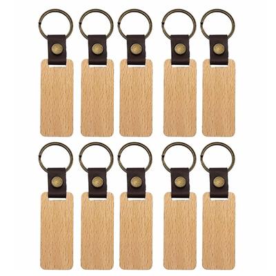 10 Stück Anpassbarer Holz-Schlüsselring, personalisierter runder/rechteckiger Schlüsselanhänger aus Holz, Pu-Leder, Schlüsselanhänger, Schmuck für Freunde