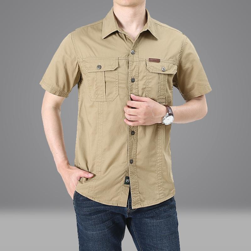 Summer Men's Cotton Shirts Plus Size Tooling Short-Sleeved Polo Shirt T-shirt Business Casual Loose Breathable Absorb Sweat