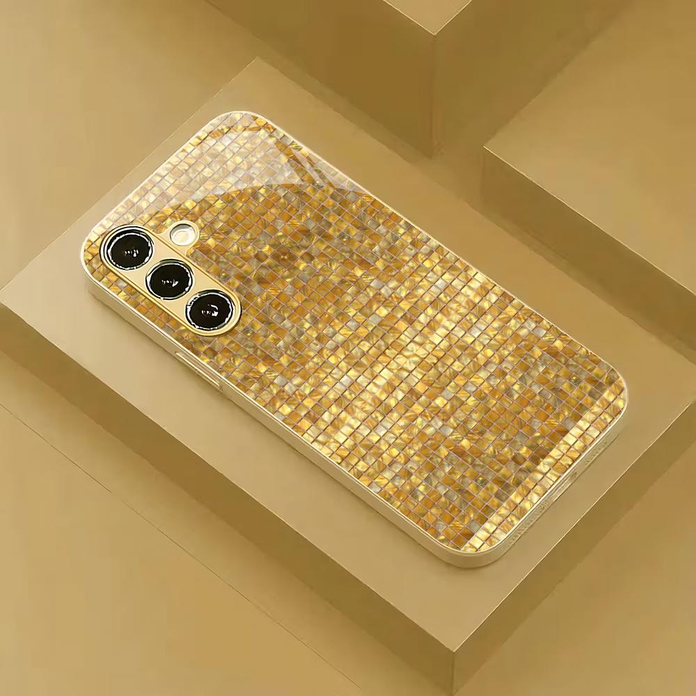 Golden mosaic electroplated glass phone case suitable for Samsung Galaxy S26 S25 S24 S23 S22 S20 FE/Ultra/Plus anti drop