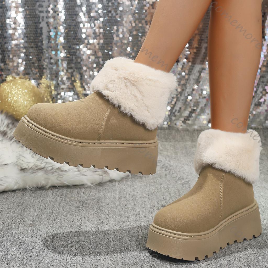 Fashion Comemore Winter Cotton Boots Women's Fashion Round Toe Suede Platform Back Zip Ankle Boots for Women Casual Fur Short Botines