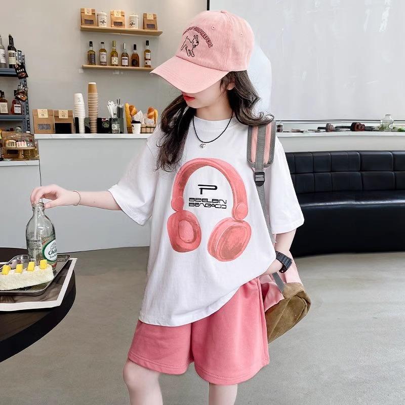 Girls Summer T-Shirt Short-Sleeved Suit Korean Version of The Casual Summer Sports Children's Short-Sleeved + Shorts Two-Piece