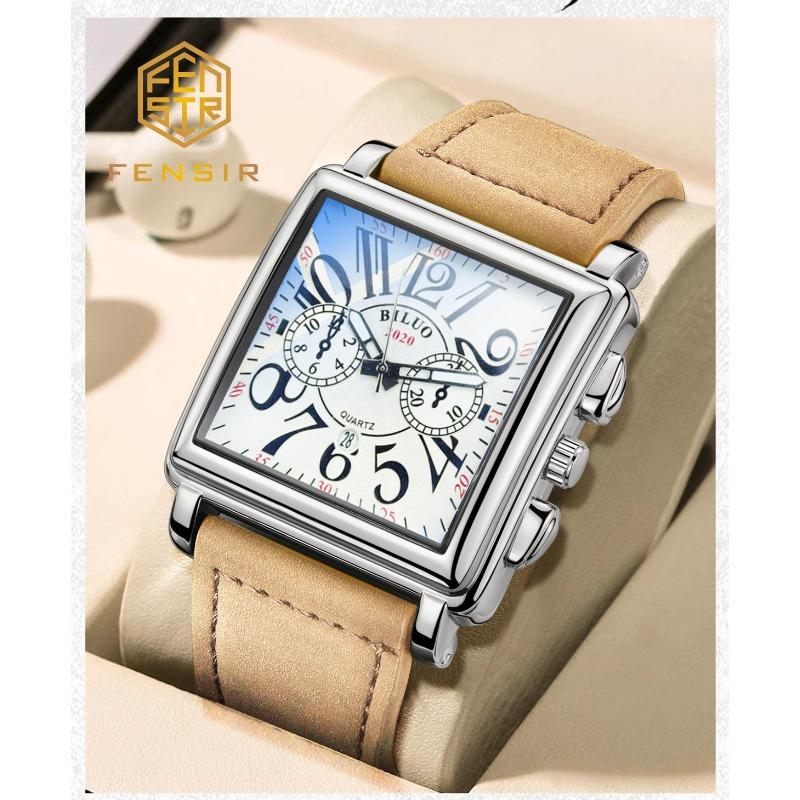 Square Dial, Leather Strap, Men's Waterproof Luminous Calendar Gift Watch