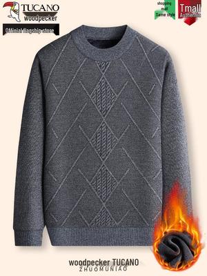 Woodpecker Men's Plus Velvet Sweater: Winter Round Neck Warm Base Layer for Middle-Aged Dads