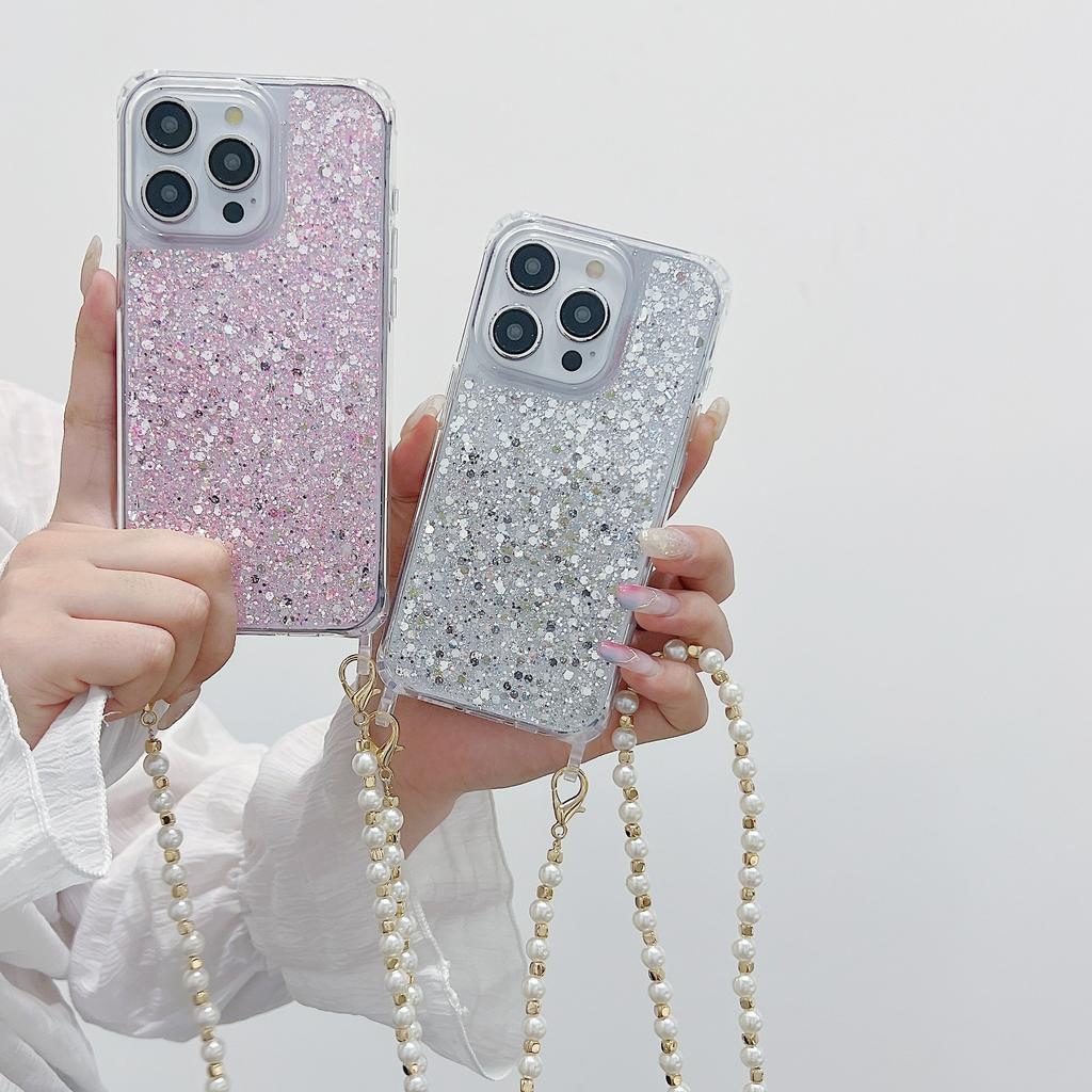 For iPhone 15 Pro Max Case Glittery Powder Acrylic + TPU Phone Cover with Pearl Bead Strap