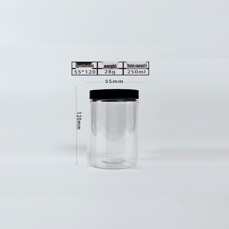 Black Lid Wide Mouth PET Food Jar for Snacks, Nuts, Grains, and Honey.