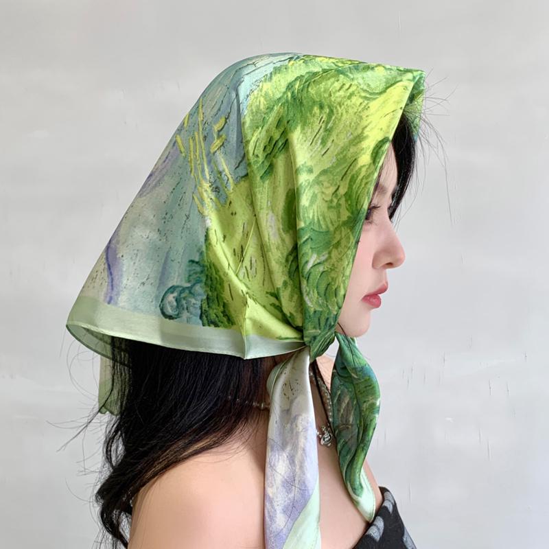 Green Oil Painting Small Square Scarf Silk Scarf Women's Summer Thin Sunscreen Spring and Autumn Headscarf Head Scarf Tied Bag Headband Belt