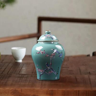 Ancient Chinese Style Ceramic Ginger Jar, Desktop Glazed Flower Vase with Airtight Lid Handicraft