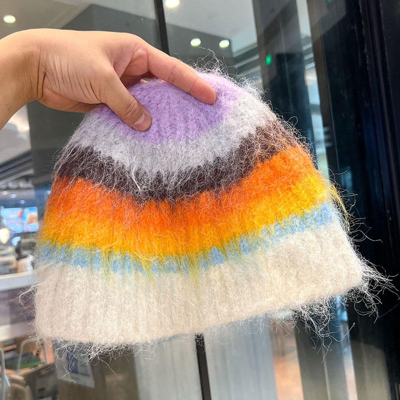 Neue Dopamin-Farbige Plüschmütze für Damen im Herbst und Winter Verdickte Warme Fischerhut Ohrenschutz Gestrickte Wollmütze