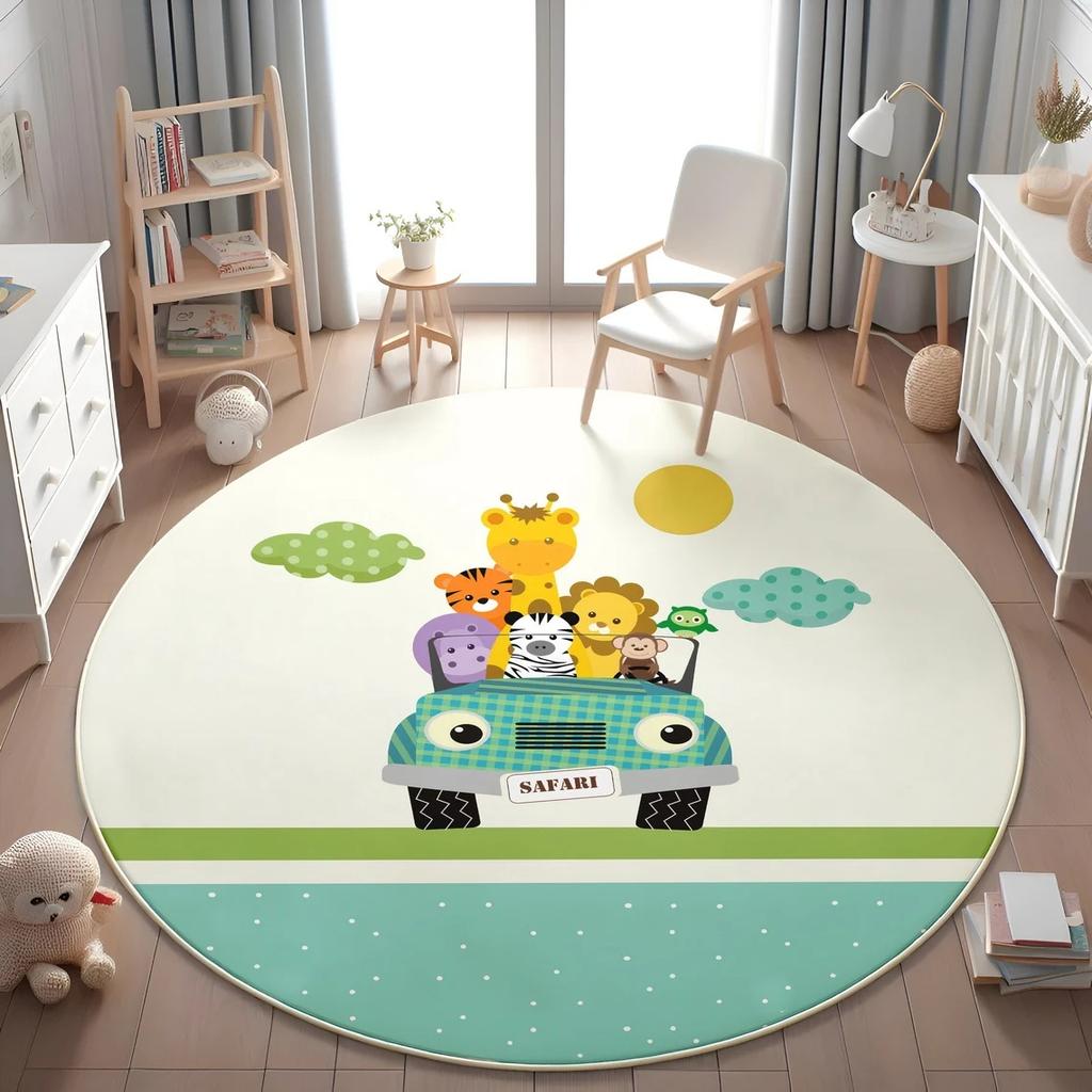 Learning Animal Playmat Giraffe Lion Baby Kids Playroom Mat World Map NonSlip Mat Safari Round Rug Kid's Animals Printed Rug