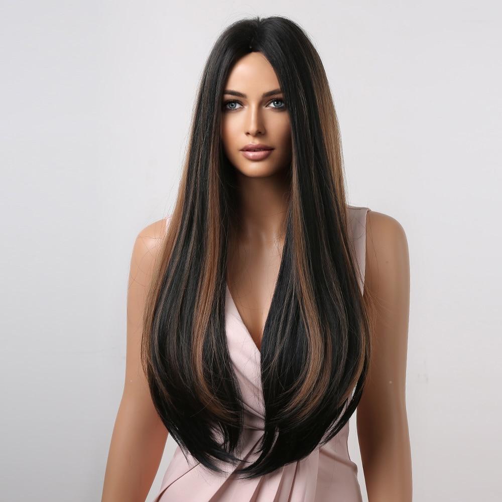 ALAN EATON Long Straight Black Brown Synthetic Wigs Highlights Colored Wigs for Black Women Heat Resistant Hair Middle Parting