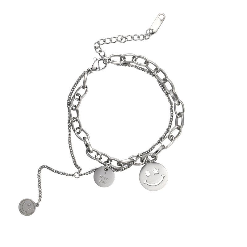 

Double-layer stacked round brand smiley face bracelet tide ins cold wind temperament design sense titanium steel bracelet men s and women s jewelry