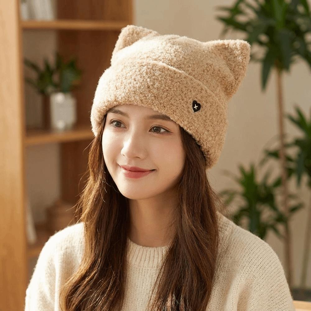 Comfortable Plush Beanie Hat Polyester Warm Knit Cap Ins Style Cat Ear Hat Women