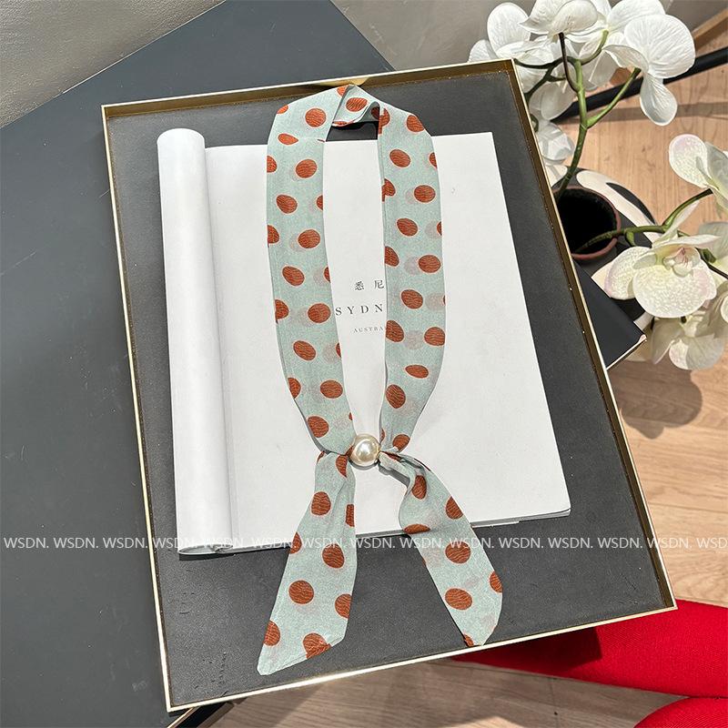 Polka dot floral pearl silk scarf women's Korean high-end sense neck ribbon decorative scarf versatile fashion small square scarf