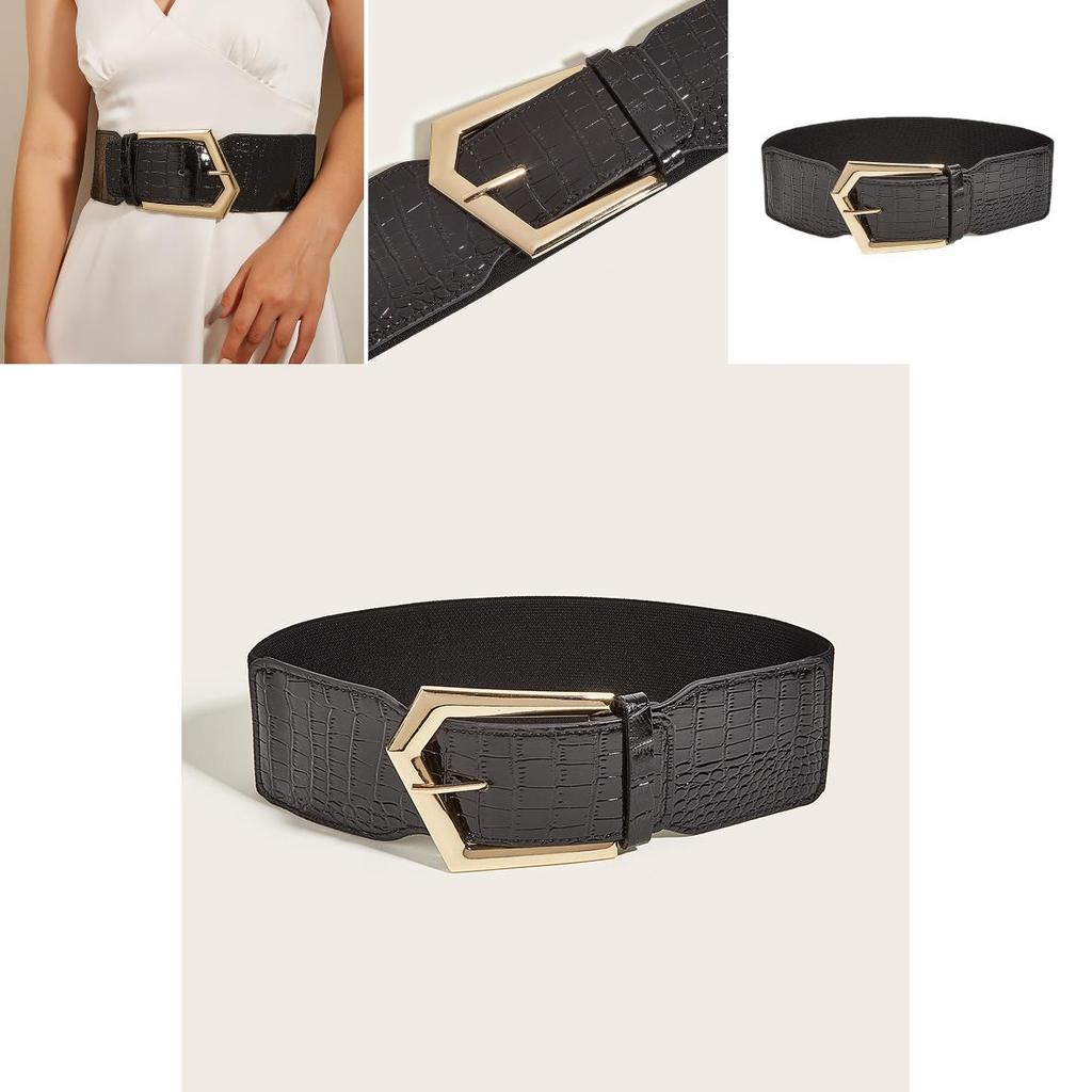 Vintage Korean Style Elastic Waist Belt For Dresses With Metal Geometric Buckle For Womens Fashion