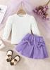 Girls' Bubble Sleeve Top & Bow Skirt 2Pcs Outfit