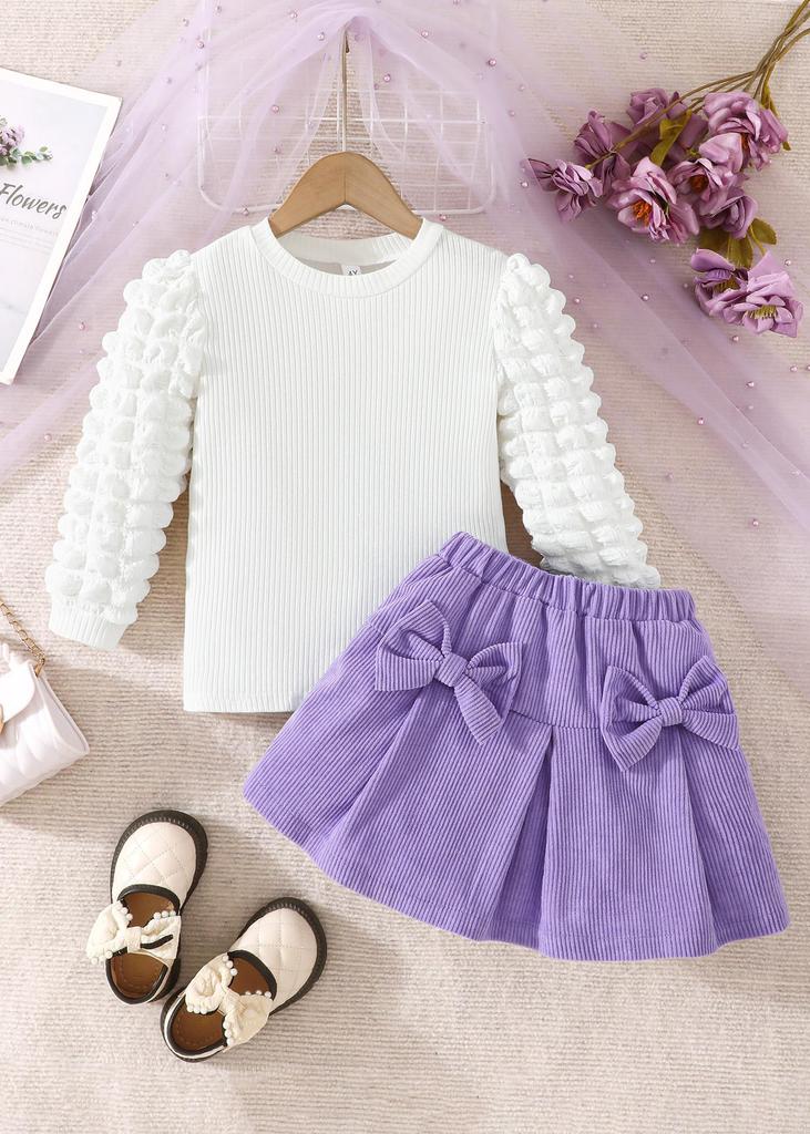 Girls' Bubble Sleeve Top & Bow Skirt 2Pcs Outfit