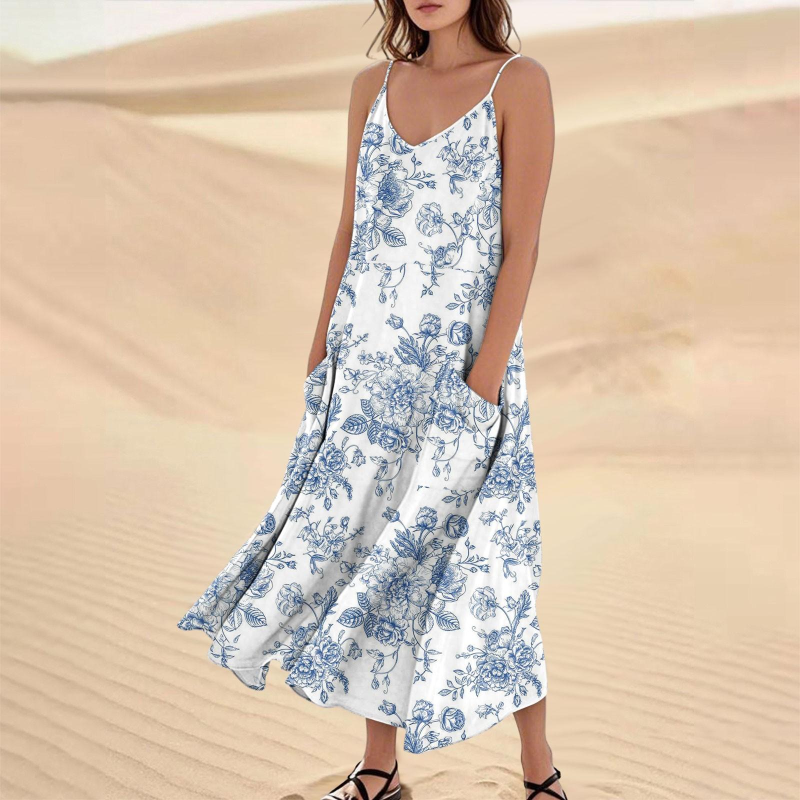 

Women s Casual V Neck Floral Print Sleeveless Pocket Suspender Dress M синій