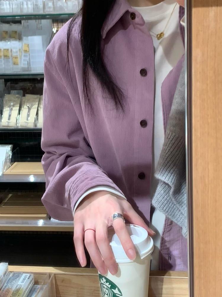 Women's Retro Purple Corduroy Shirt: Loose Fit, Korean Style, Ideal for Spring, Autumn, and Winter Layering