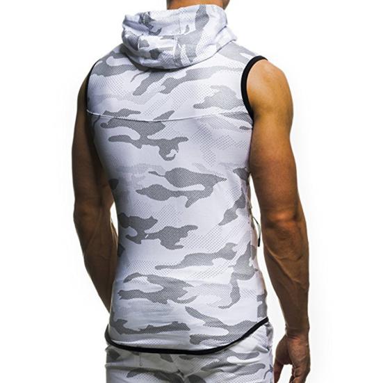 Sommer Herren Gym Fitness Camouflage Mesh Kapuzenpullover mit Reißverschluss Ärmelloses Kapuzen-Tanktop