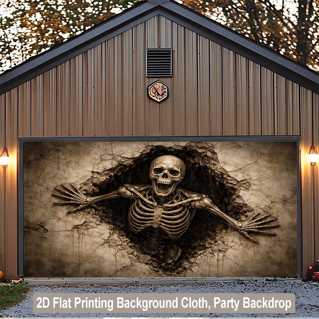 1 piece of 2D flat background fabric, a background fabric featuring a protruding skeleton figure, and an indoor background
