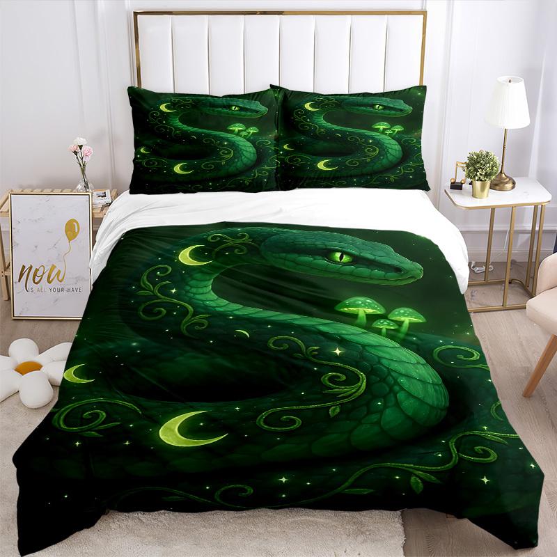 3pcs Green Serpent Print Duvet Cover Set, Cover For Bedroom Guest Room (1 Duvet Cover + 2 Pillowcase, Without Quilt), yy250922220