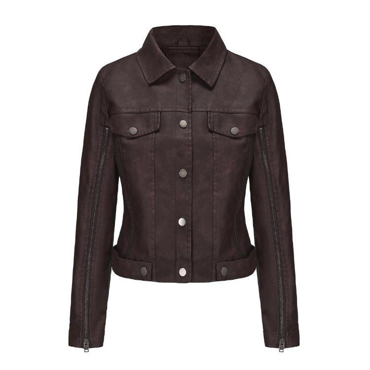 Women Leather Jacket Slim Fit Pu Zipper Outerwear Long Sleeve Lapel Collar for Fall Winter